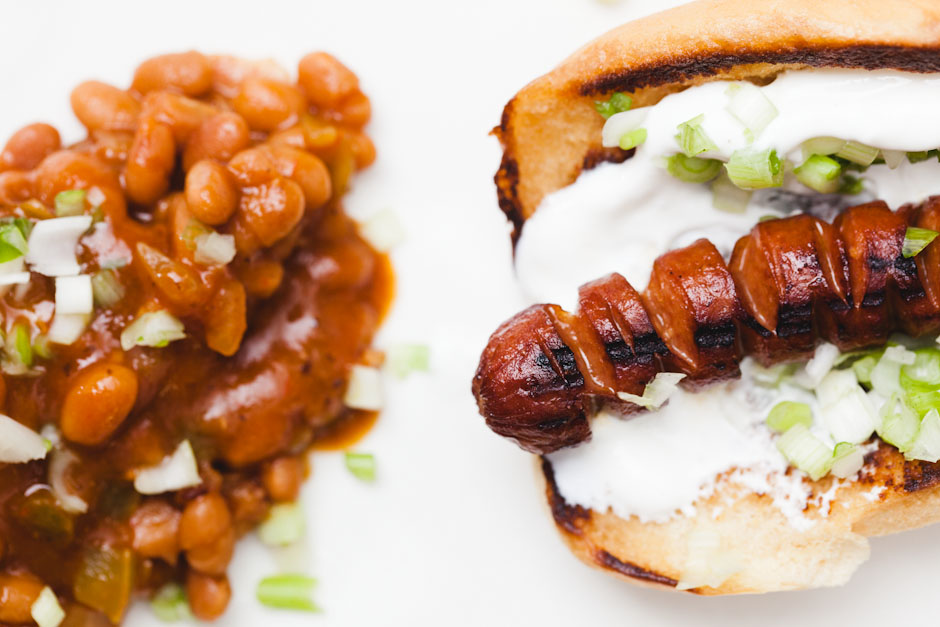 chipotle baked beans and sour cream onion hot dog