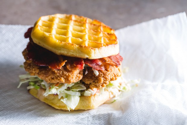 chicken and waffle sandwich - the sam livecast
